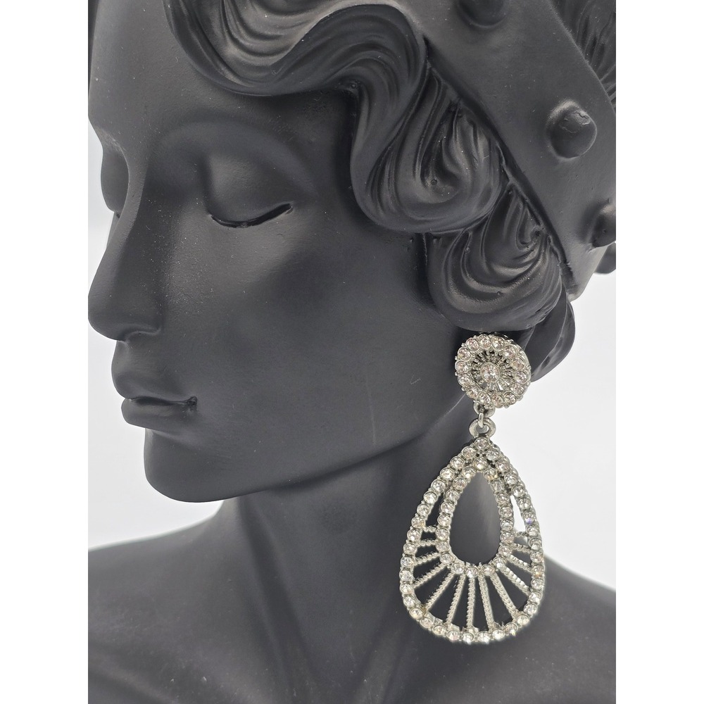 Sparkling Clear Rhinestone Dangle Earrings Silver Tone Teardrop Fashion Jewelry - Picture 2 of 16